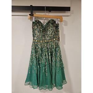 NWT Sherri Hill Mini Formal Dress Green Gold Sequen Strapless Women's Size 0